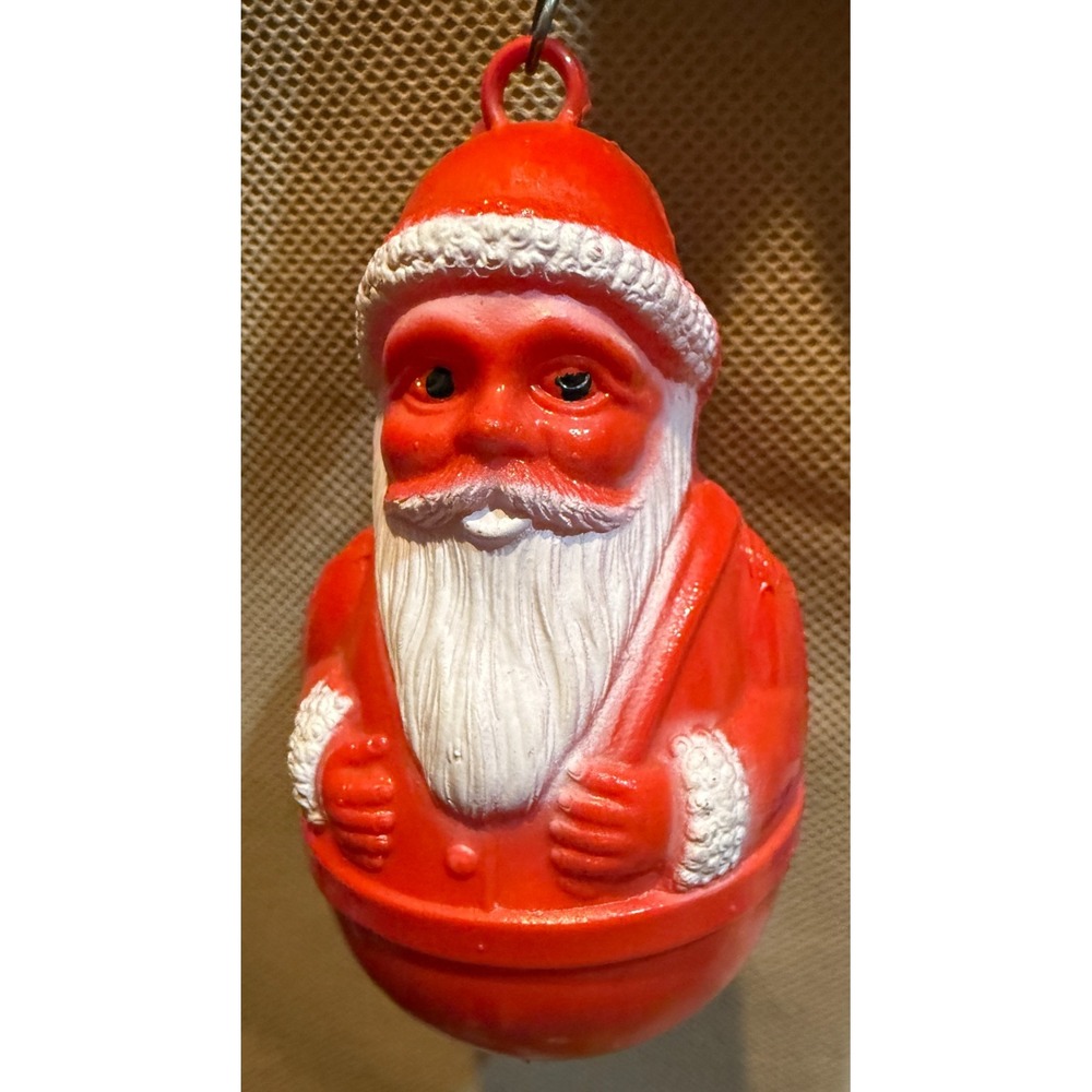 Vintage Irwin Hard Plastic Christmas Ornament Santa Claus Roly Poly MCM RARE HTF